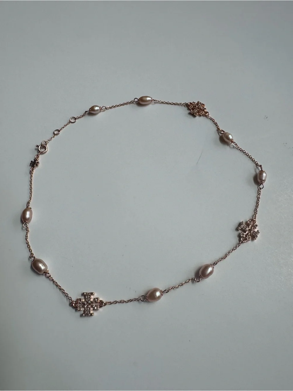 Tory Burch Rose Gold Pearl Station Necklace with Rhinestone Logos